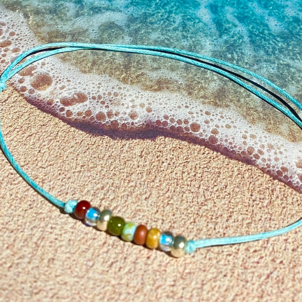 Fußkettchen, Fußbändchen, mit Glasperlen, Anklet, verstellbar,Baumwollband gewachst,blau