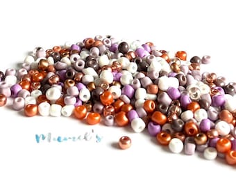30g Rocailles, Beads,Glasperlen, 4mm,(6/0)Perlenmischung, Mix,flieder/weiß/orange, Grundpreis: 76,66 EUR/kg Rocailles