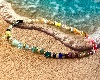 Fußkettchen Glasperlen dehnbar, Anklet, bunt,Fußschmuck