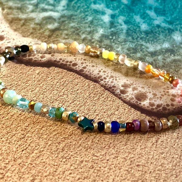 Fußkettchen Glasperlen dehnbar, Anklet, bunt,Fußschmuck