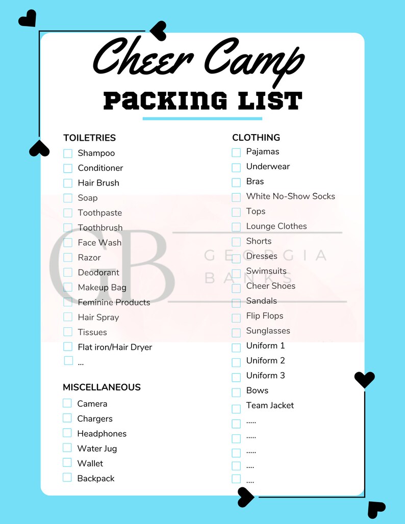 Cheer Camp Checklist, Cheer Moms, Customizable, Digital Download