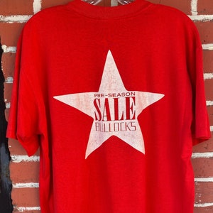 Vintage 1990 Pre-Season Sale BULLOCK&#39;S T Shirt Pocket & Star Back Print Stedman Super 50 Made in USA Size L XL