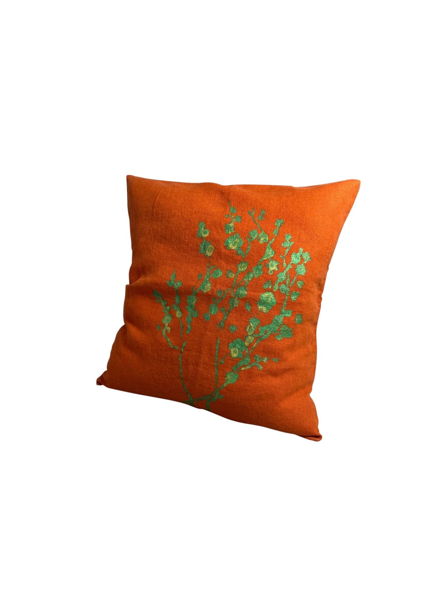 Coussin Couleur Paprika Lin Lavé 45 cm X avec Un Cerisier Vert