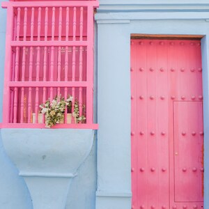 Cartagena Colombia Fine Art, Colorful Door and Flowers, Colonial Photo, Wall Art, Fine Art Photography, Large Wall Art, Pink and Blue Door