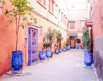 Morocco Photography - Marrakech Blue Planters, Marrakesh Colorful Art, Exotic Moroccan Door, Large Wall Art, Living Room Art