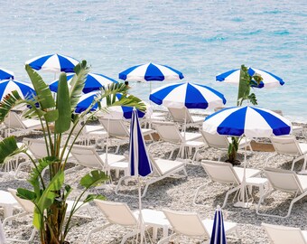 Nice France Beach Print – Blue Striped Umbrellas, French Riviera Wall Art