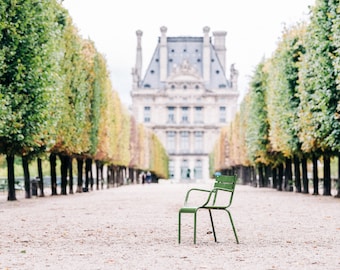 Paris Photography - Louvre Museum Paris, Tuileries Gardens, LandmarkPhotography, French Architecture, Fine Art Print, Chair Photography