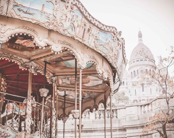 Paris Photography - Carousel in Paris, Winter in Paris, French Travel Photograph, Wall Decor, Sacre Coeur, Montmartre, Romantic