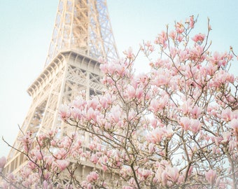 Paris Photography - Magnolia Blossoms at the Eiffel Tower, Spring in Paris, Travel Fine Art Photograph, Large Wall Art, Gallery Wall