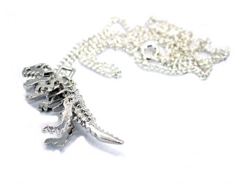 T REX, Dinosaur Pendant on Silver Necklace, 18 inch Chain, Skeleton design, Ideal Gift for Lady or Child, Handmade in Cornwall.