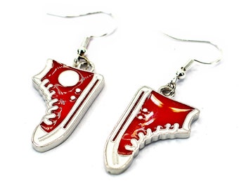 Basketball Boot Earrings in Red Enamel, on Sterling Silver Hooks, Converse Styles Shoes, Great Gift Idea, Hippy Boho, Sports Trainers,