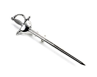 Sword Brooch, Lapel Pin, Silver Colour, Gift for Him or Her, Weapon Jewellery, Fantasy Cosplay Pin, Smart on a Dark Suit,  Sword Jewellery.