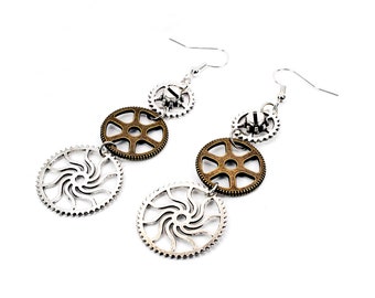 Steampunk Earrings with Gears and Cogs, Sterling Silver Ear Hooks and with a 6cm Drop,  Great Gift for a Steampunk Fan, Unisex gift ideas,