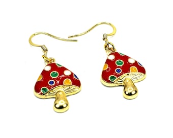 Mushroom or Toadstall Enamel Earrings, on Gold Plated Hooks, Red with White Dots, Gift for her, Bright and fun, Magic Mushroom Earrings,