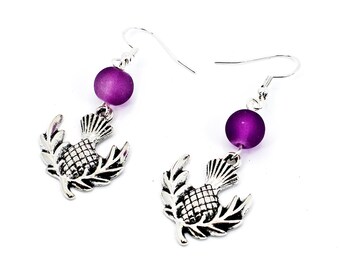 Scottish Thistle Earrings, Sterling Silver, Purple Glass Bead