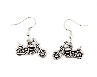 Motorcycle Drop Earrings, Sterling Silver Hooks, Biker Jewelry