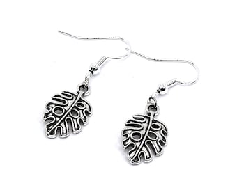 Silver Monstera Leaf Drop Earrings, Sterling Silver Hooks