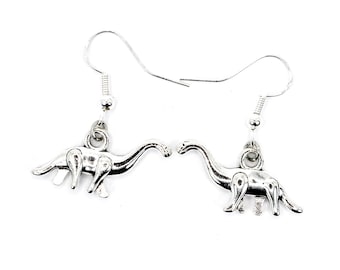 Diplodocus Dinosaur Earrings, Sterling Silver Hooks, Fun Vegan Jewelry