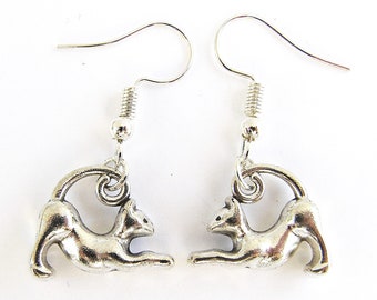 Silver Cat Drop Earrings, Novelty Kitten Jewelry