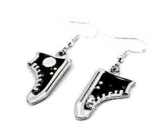 Basketball Boot Earrings in Black Enamel, on Sterling Silver Hooks, Converse Styles Shoes, Great Gift Idea, Hippy Boho, Sports Trainers,