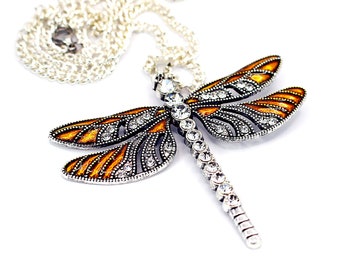 Dragonfly Pendant on a Curb Chain Necklace, Enamel and Rhinestone Filigree Design, 18" Necklace, Insect Jewellery Gift for Her, Beautiful,