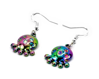 Octopus Earrings, In Iridescent Colours on Sterling Silver Hooks , Fun Steampunk Gift Idea, Marine Jewellery, Unisex Fun Octopi Earrings,