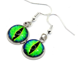 Cats Eye Earrings, Glass Cabochons with Sterling 925 Silver Ear Hooks, Feline Lovers Gift, Drop Earrings 1.5cm, Green Glass Eyes,