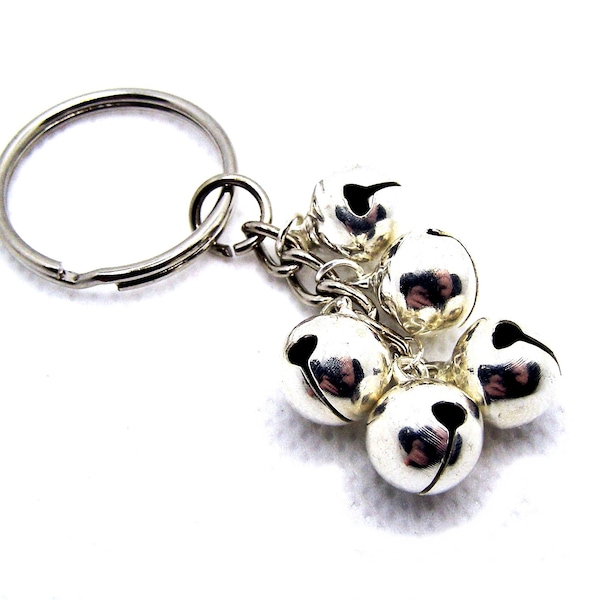 Silver Bells Keyring, Metal key chain with 5 12mm tinkling bells, Gift for Him or Her for Keys or a Handbag Charm, Made in Cornwall, UK