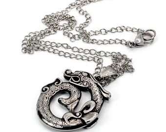Celtic Norse Dragon Pendant, Silver Tone Necklace, Unisex Jewelry