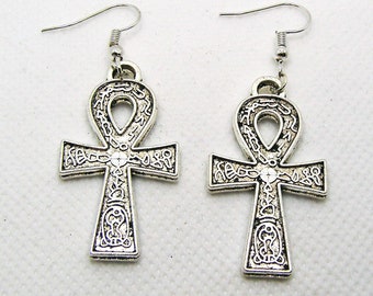 Ankh Cross Drop Earrings, Egyptian Jewelry, Silver Colour Hooks