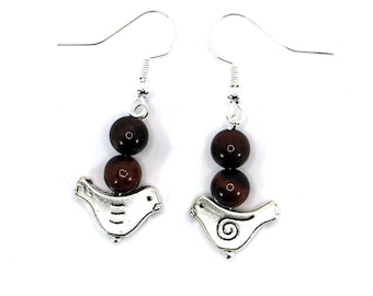 Bird Earrings, Tigers Eye Beads, Silver Ear Hooks, Gifts for Her, Cottagecore Earrings, Bird Lovers Gift, Bird Jewellery, Elegant Earrings,