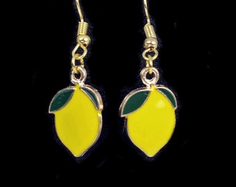 Lemon Enamel Earrings, Gold Plated Hooks, Citrus Fruit Jewellery
