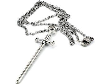Silver Sword Pendant Necklace, 20 inch Chain, Medieval Style