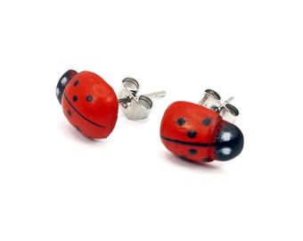 Ladybug Wooden Stud Earrings, Stainless Steel Posts, Gardener Gift