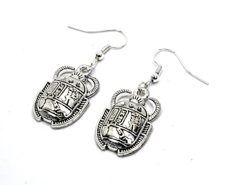 Scarab Beetle Earrings, Sterling Silver Hooks, Egyptian Jewellery