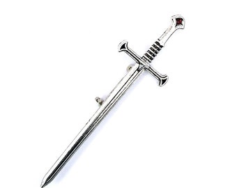 Sword Brooch, Silver Tone, Red Rhinestone, Fantasy Costume Lapel Pin