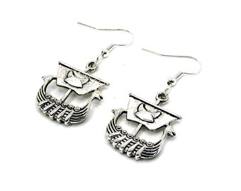 Viking Ship Drop Earrings, Norse Sterling Silver Hooks