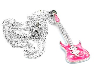 Pink Electric Guitar Pendant on a 20 inch necklace. The Guitar is 5cm Long, Unisex Music Gift Idea, Handmade Music Gift. Music Jewellery,