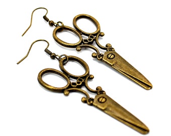 Victorian Scissor Earrings, in Bronze with Matching Hooks, Long Drop Earrings, Hair Dresser Gift, Hair Stylist. Handmade, Made in Cornwall,
