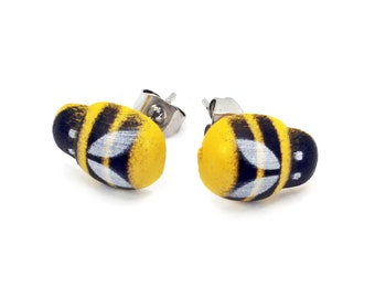 Bee Stud Earrings, Wooden Bees on Stainless Steel Posts, 1.2 cm Long Bees, Beautiful Fun Gift for a Gardener, Cute Cottagecore Jewellery,