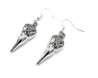 Steampunk Bird Skull Earrings Embossed Design, 3.2 cm drop, Sterling Silver Ear Hooks, Great Gift for a Steampunk Fan, Unisex Earrings,