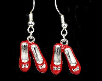 Red Enamel Shoe Earrings, Sterling Silver Hooks, Dorothy Slippers