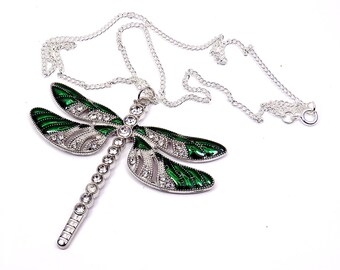 Dragonfly Pendant on a Curb Chain Necklace, Green Enamel and Rhinestone Filigree Design, 18" Necklace, Insect Jewellery Gift for Her,