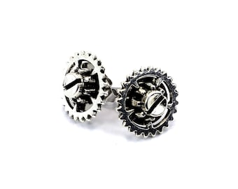 Steampunk Stud Earrings with Gears and Screw Head, Stainless Steel Posts, 1.5 cm In Diameter, Great Gift for a Steampunk Fan, Unisex Studs,