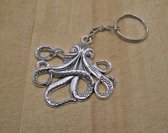 Silver Octopus Keyring, Steampunk Kraken Charm, Made in Cornwall