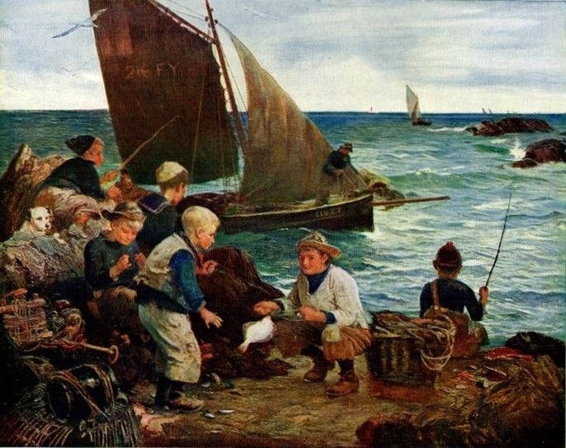 John R Reid Late 1800/'S Oil Painting Sons Of The Sea Vintage Art 1930 Bookprint