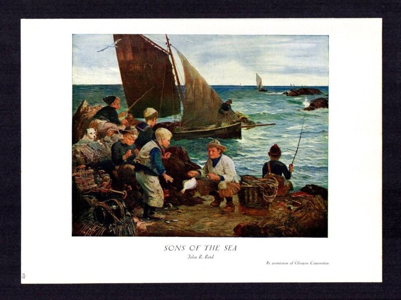 John R Reid Late 1800/'S Oil Painting Sons Of The Sea Vintage Art 1930 Bookprint
