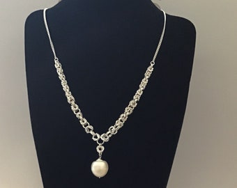 Sterling Silver Byzantine Chainmaille Weave Necklace with South Sea Pearl