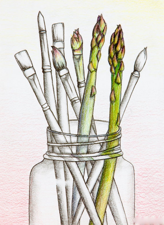 Asparagus paint brushes in jar colored pencil ORIGINAL drawing Etsy