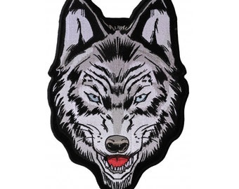 Snarling Gray Wolf Embroidered Biker Patch, Two Sizes